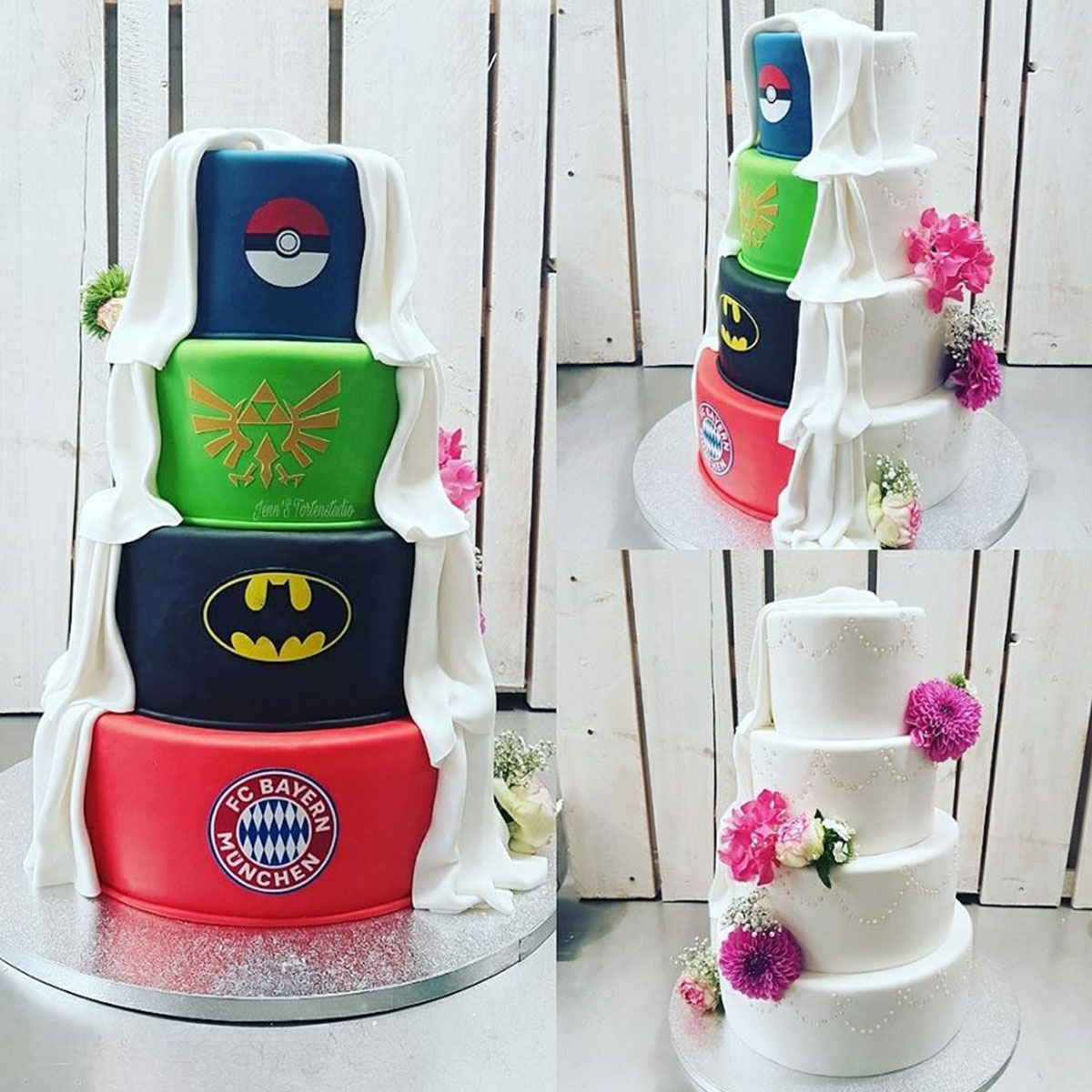 kreative Hochzeitstorte von Jenn‘s Tortenstudio