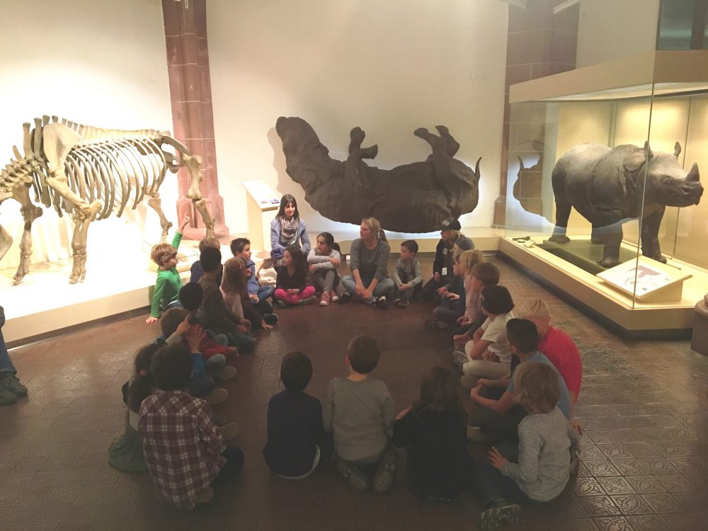 KNAX Sparkasse− Kinder sitzen im Kreis im Naturhistorischen Museum in Mainz