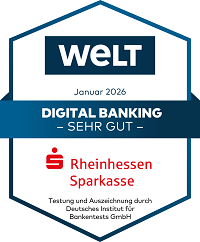 Siegel_2026_DigitalBanking Auszeichnung für die Rheinhesse Sparkasse, die von der WELT im Januar 2026 mit „Sehr Gut” im Bereich Digital Banking bewertet wurde.