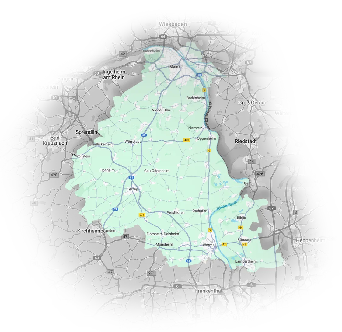 Karte mit farbig hervorgehobenen Gebiet der Sparkasse Rheinhessen zwischen Mainz, Worms und Alzey.