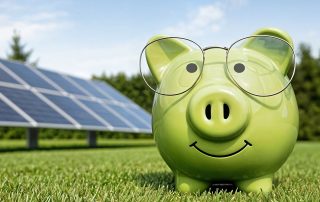 Grünes Sparschwein mit Brille steht vor Photovoltaik-Anlage