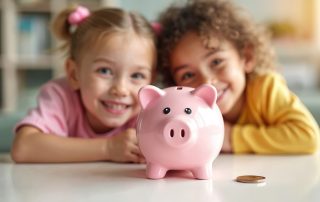 Ein rosafarbenes Sparschwein steht auf einem Tisch. Daneben liegt eine Münze. Im Hintergrund lächeln zwei Kinder in die Kamera.