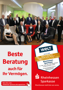 Das Team Private Banking der Rheinhessen Sparkasse in einem modernen Büro. Mehrere Personen in Businesskleidung, sitzend und stehend, mit Auszeichnung 'WELT Sieger Bankentest Januar 2025 Beratung Private Banking' und Slogan 'Beste Beratung auch für Ihr Vermögen'