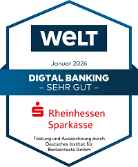 Auszeichnung für die Rheinhesse Sparkasse, die von der WELT im Januar 2026 mit „Sehr Gut” im Bereich Digital Banking bewertet wurde.