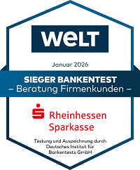 Auszeichnung der WELT im Januar 2026: Rheinhessen Sparkasse ist Testsieger im Bankentest für Firmenkundenberatung, vergeben vom Deutschen Institut für Bankentests GmbH.
