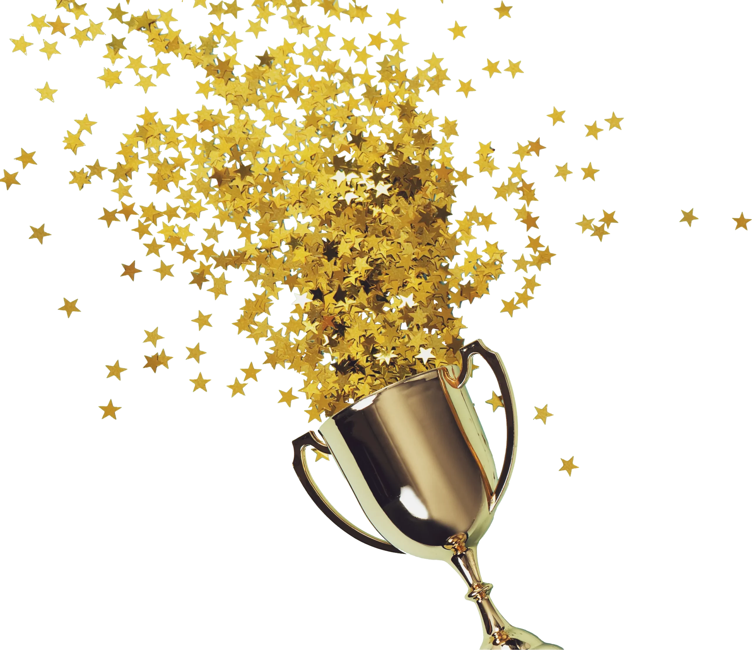 Goldener Pokal mit zwei Henkeln, aus dem zahlreiche goldene Sterne herausfliegen.