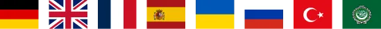 Symbol für Sprachauswahl: Aneinander gereihte Flaggen: Deutschland, Großbritannien, Frankreich, Spanien, Ukraine, Russland, Türkei und Arabische Liga.