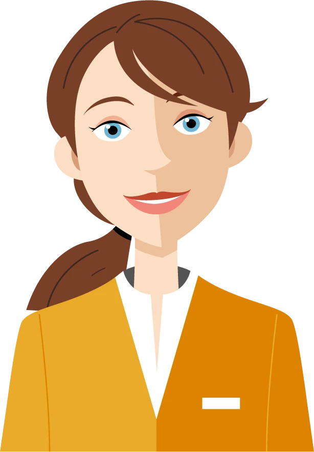 Illustration einer Frau mit braunen Haaren im Zopf, die lächelt und ein orangefarbenes Jackett trägt