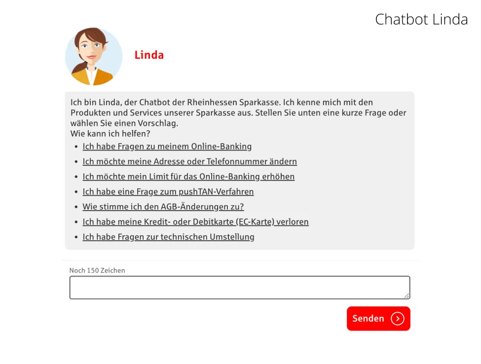 Chatbot Linda der Rheinhessen Sparkasse mit Liste von Fragen zu Online-Banking, Adressänderung, Erhöhung des Online-Banking Limit, pushTAN-Verfahren, AGB-Änderungen, Kartenverlust und technischen Umstellungen