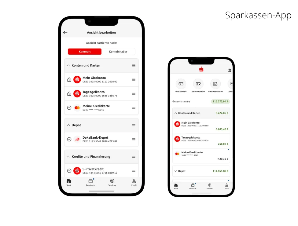 Zwei Smartphones zeigen die Benutzeroberfläche der Sparkassen-App mit Kontenübersicht, Kreditkarte, Depot und Privatkredit.
