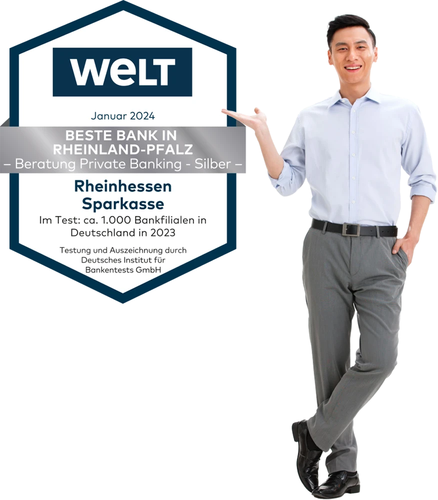 Schild mit Text: 'WELT Januar 2024 Beste Bank in Rheinland-Pfalz – Beratung Private Banking – Silber – Rheinhessen Sparkasse Im Test: ca. 1.000 Bankfilialen in Deutschland in 2023 Testung und Auszeichnung durch Deutsches Institut für Bankentests GmbH'.