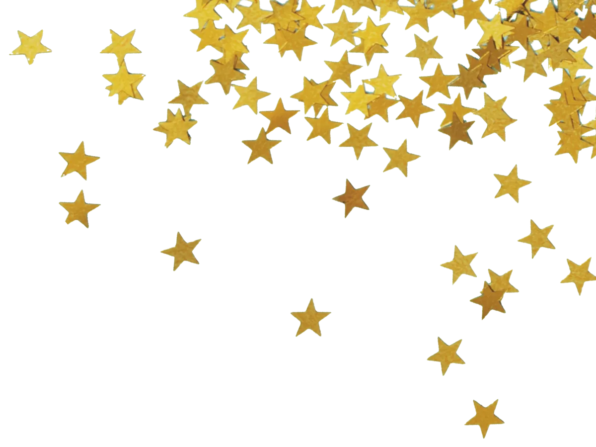 Eine weiße Fläche, auf die eine Vielzahl goldener, glänzender Sterne von oben herabfällt. Die Sterne sind unregelmäßig verstreut und liegen vor allem im oberen Bereich des Bildes.